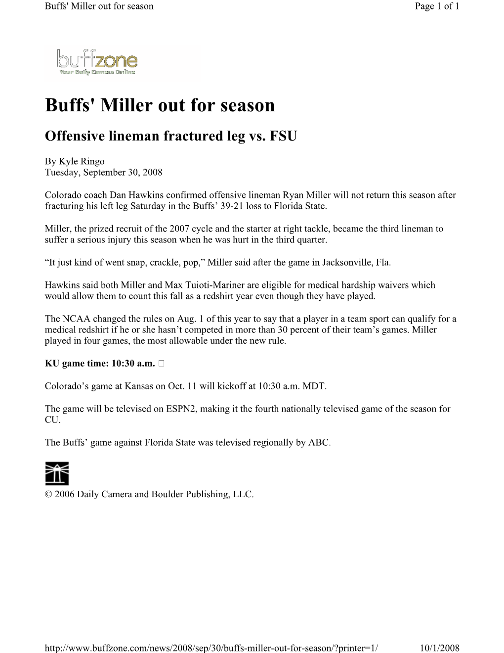 Buffs' Miller out for Season Page 1 of 1