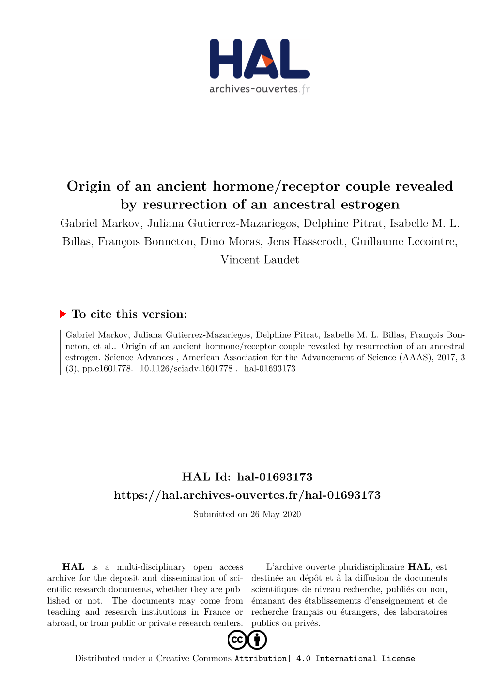 Origin of an Ancient Hormone/Receptor Couple Revealed by Resurrection Of