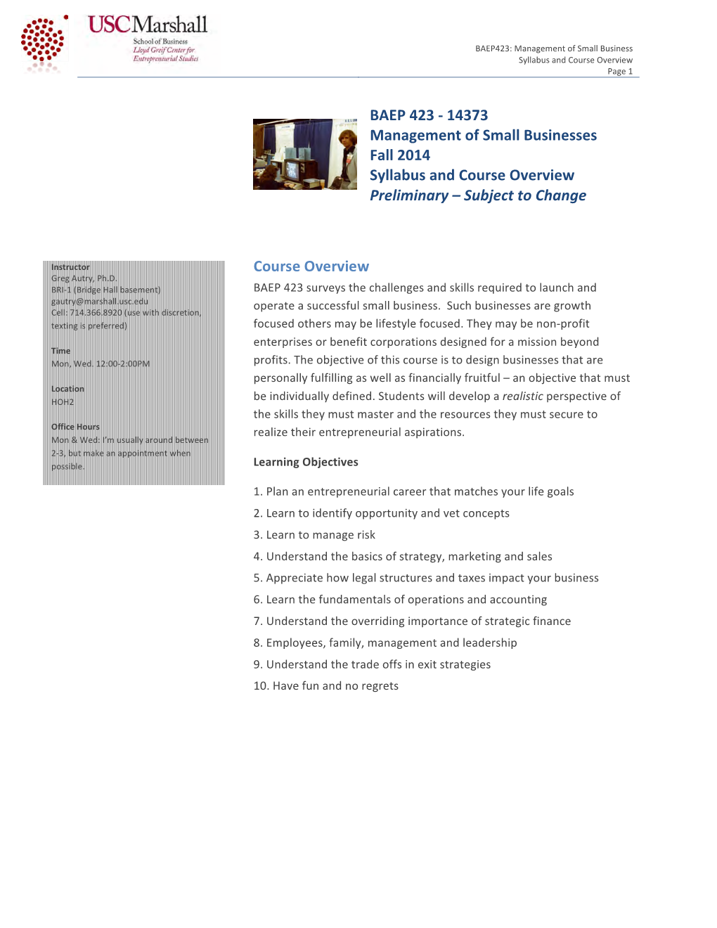 14373 Management of Small Businesses Fall 2014 Syllabus and Course Overview