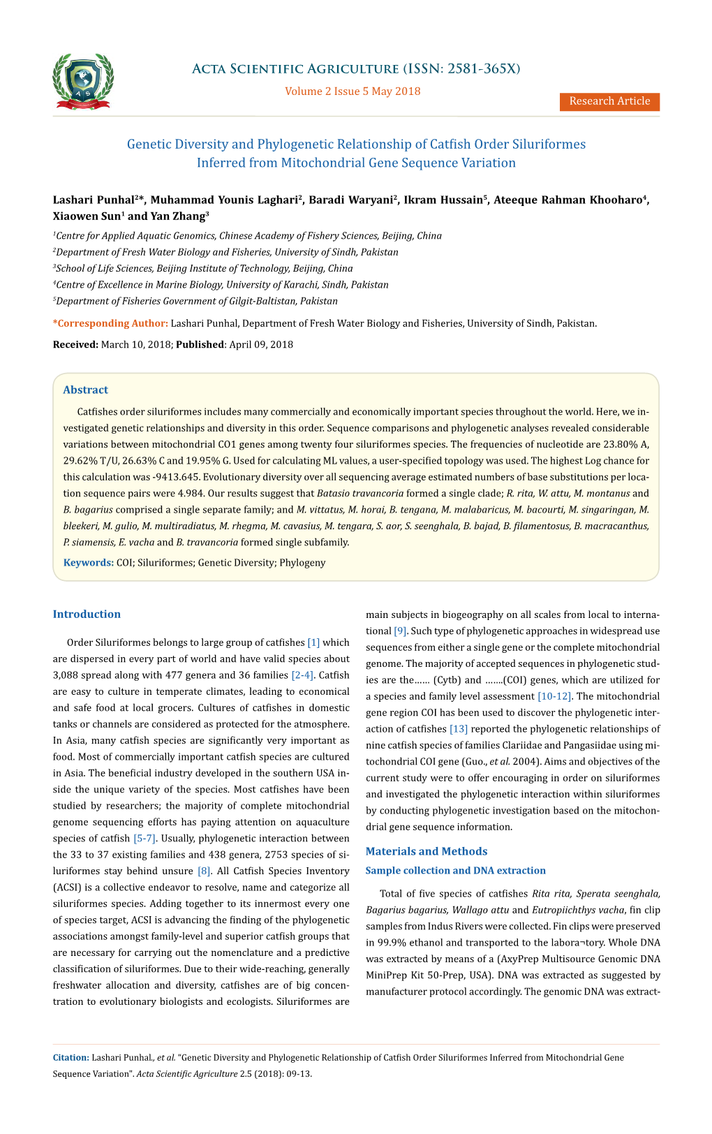 Genetic Diversity and Phylogenetic Relationship of Catfish Order Siluriformes