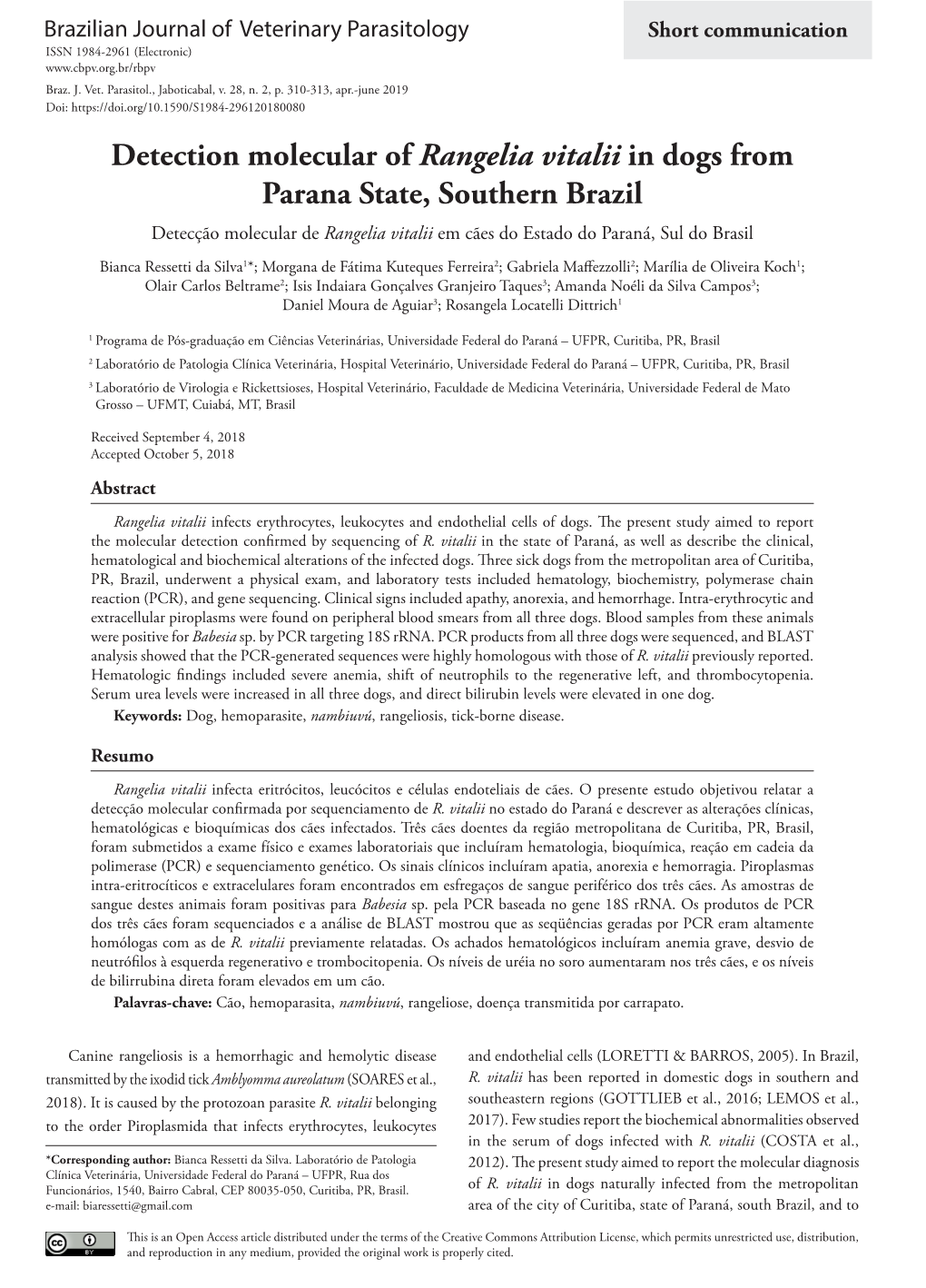 Detection Molecular of Rangelia Vitalii in Dogs