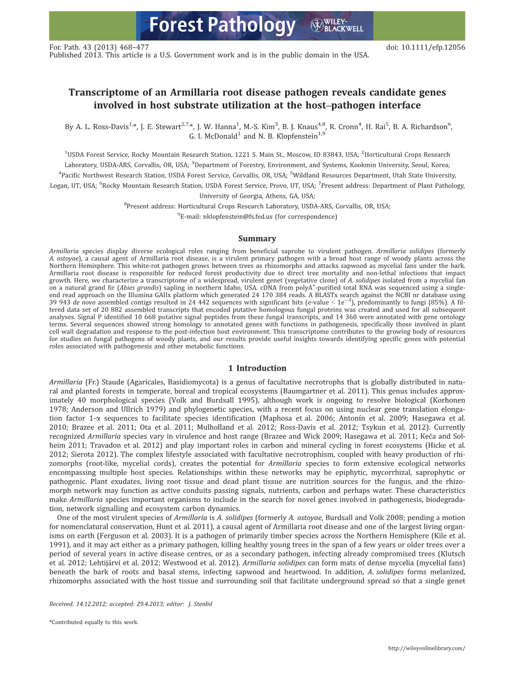 Transcriptome of an Armillaria Root Disease Pathogen Reveals Candidate Genes Involved in Host Substrate Utilization at the Host–Pathogen Interface