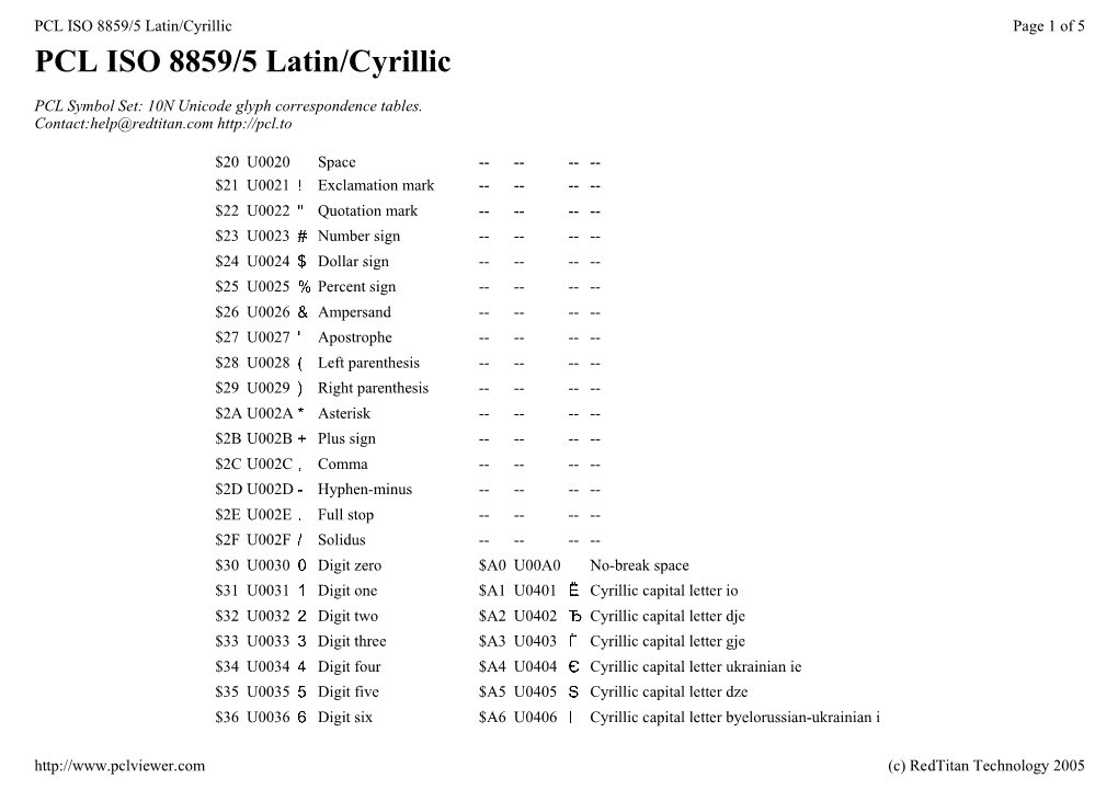 PCL ISO 8859/5 Latin/Cyrillic Page 1 of 5 PCL ISO 8859/5 Latin/Cyrillic