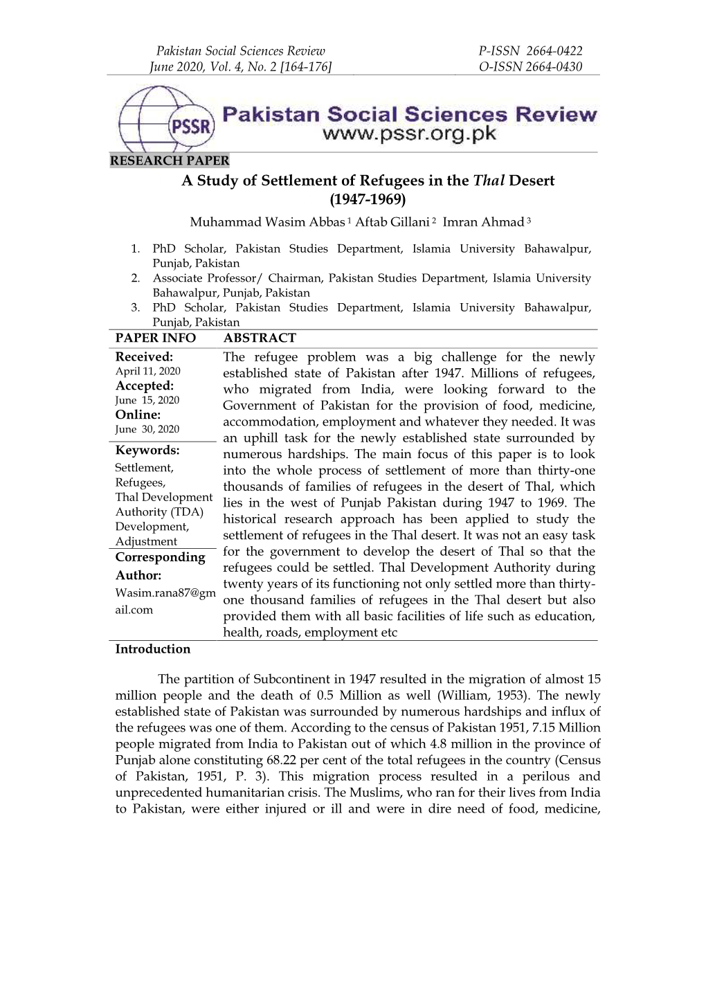 1 a Study of Settlement of Refugees in the Thal Desert 2 (1947-1969) Muhammad Wasim Abbas 1 Aftab Gillani 2 Imran Ahmad 3