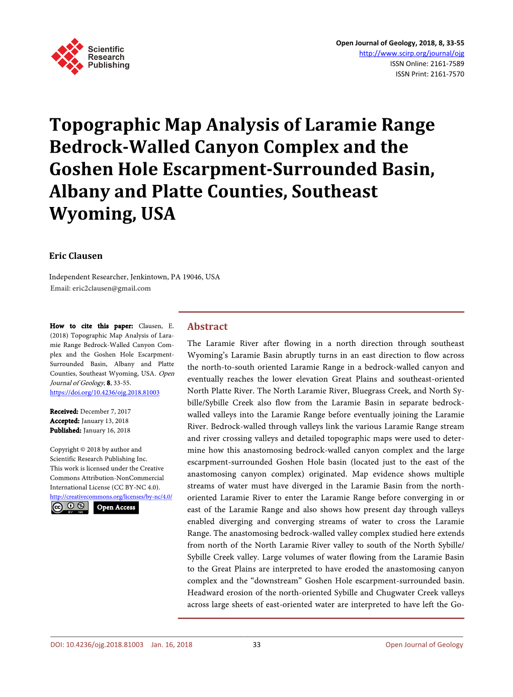 Topographic Map Analysis of Laramie Range Bedrock-Walled Canyon