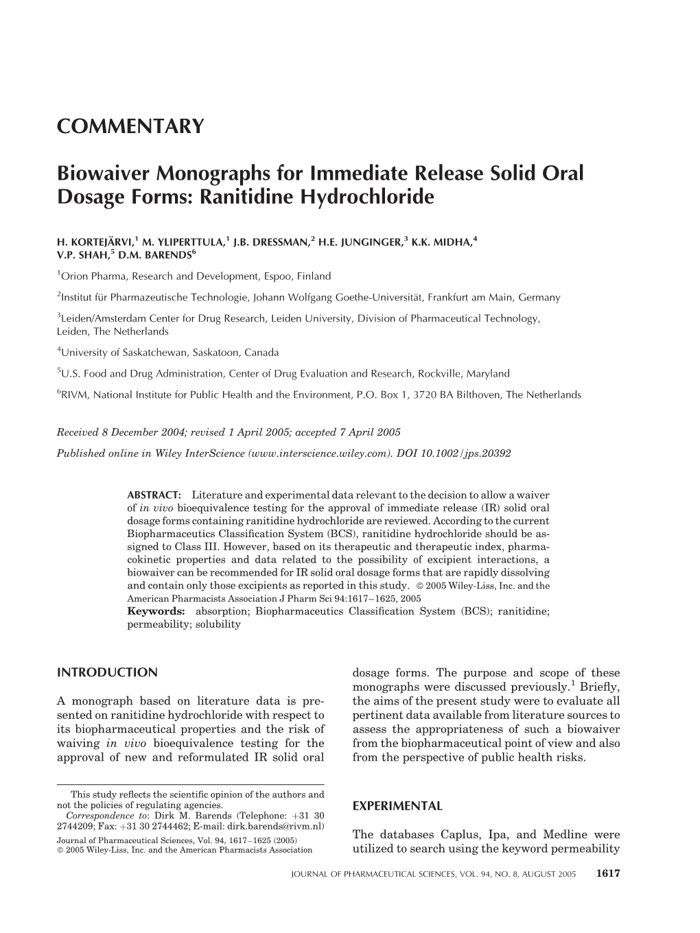 Biowaiver Monographs for Immediate Release Solid Oral Dosage Forms: Ranitidine Hydrochloride