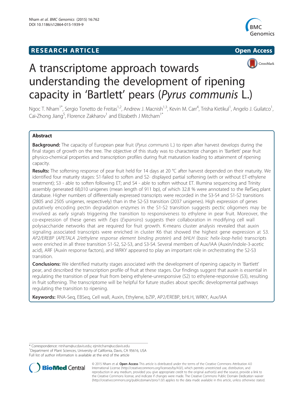 A Transcriptome Approach Towards Understanding the Development of Ripening Capacity in ‘Bartlett’ Pears (Pyrus Communis L.) Ngoc T
