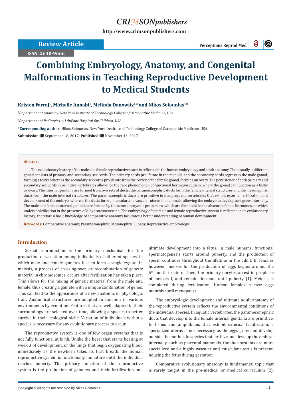 Combining Embryology, Anatomy, and Congenital Malformations in Teaching Reproductive Development to Medical Students