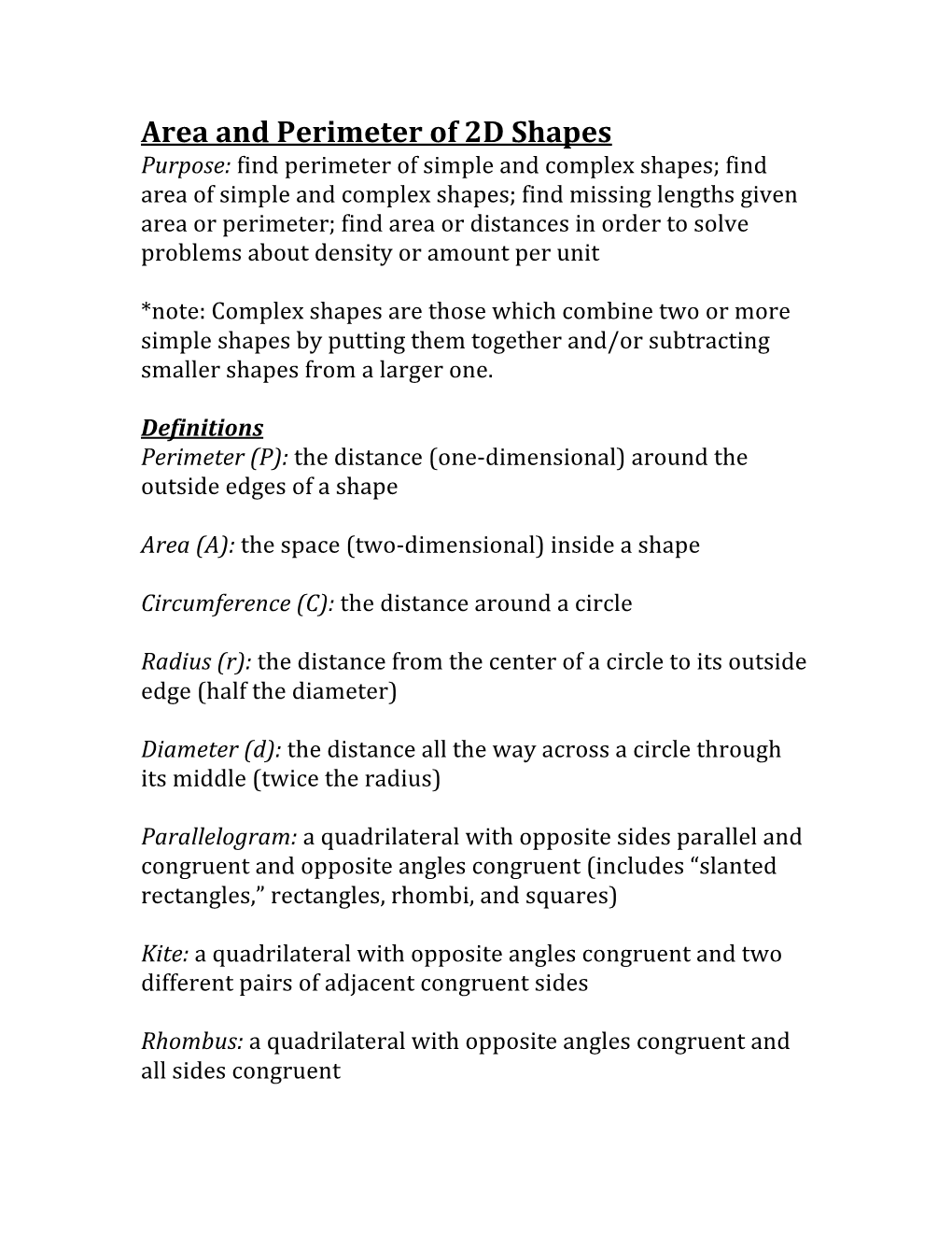 Area and Perimeter of 2D Shapes Notes