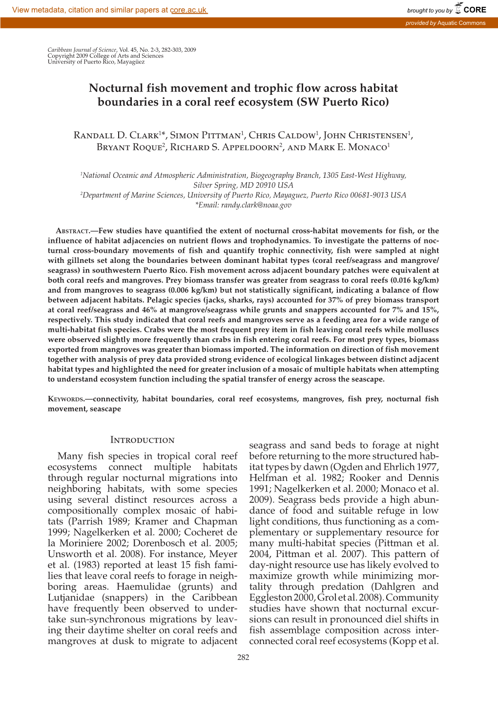 Nocturnal Fish Movement and Trophic Flow Across Habitat Boundaries in a Coral Reef Ecosystem (SW Puerto Rico)