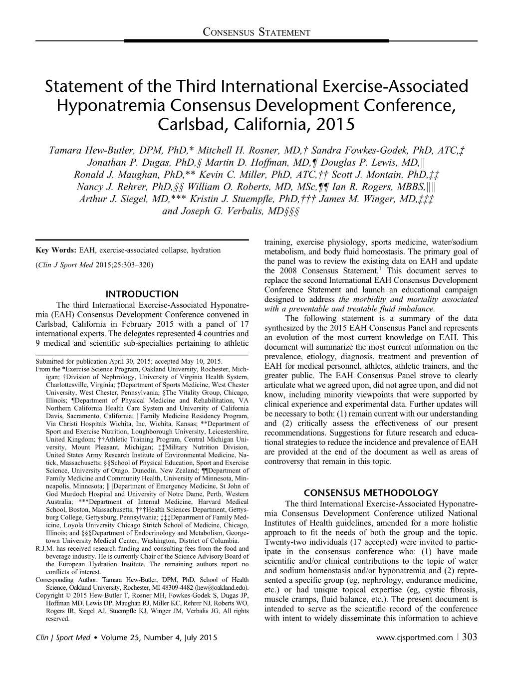 Statement of the Third International Exercise-Associated Hyponatremia Consensus Development Conference, Carlsbad, California, 2015