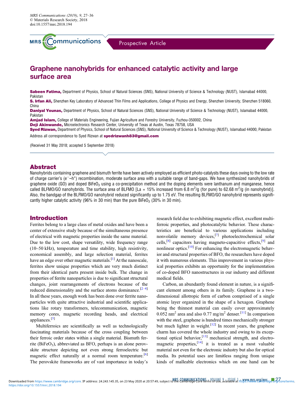 Graphene Nanohybrids for Enhanced Catalytic Activity and Large Surface Area