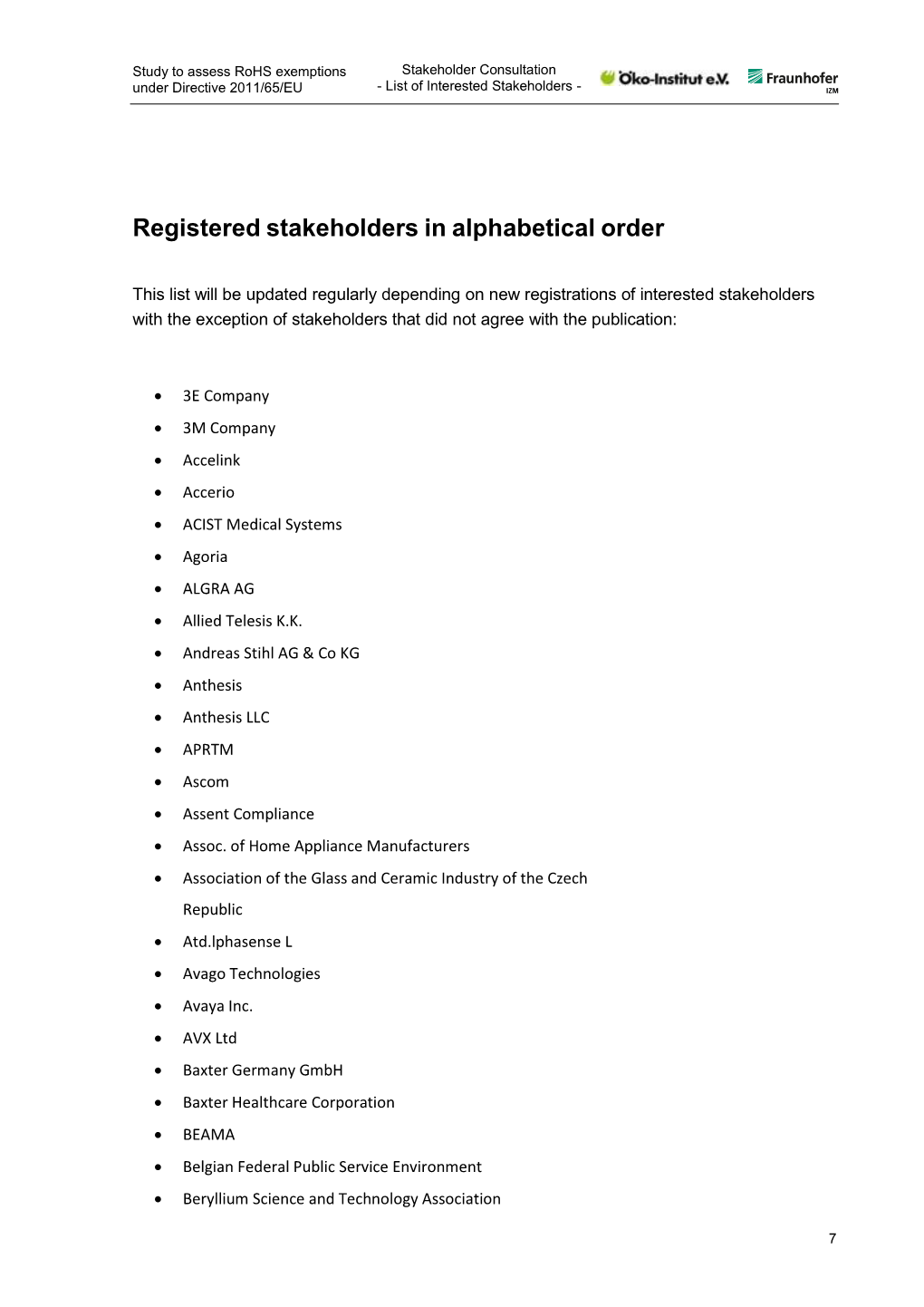 Registered Stakeholders in Alphabetical Order