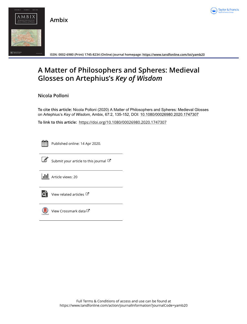 A Matter of Philosophers and Spheres: Medieval Glosses on Artephius’S Key of Wisdom