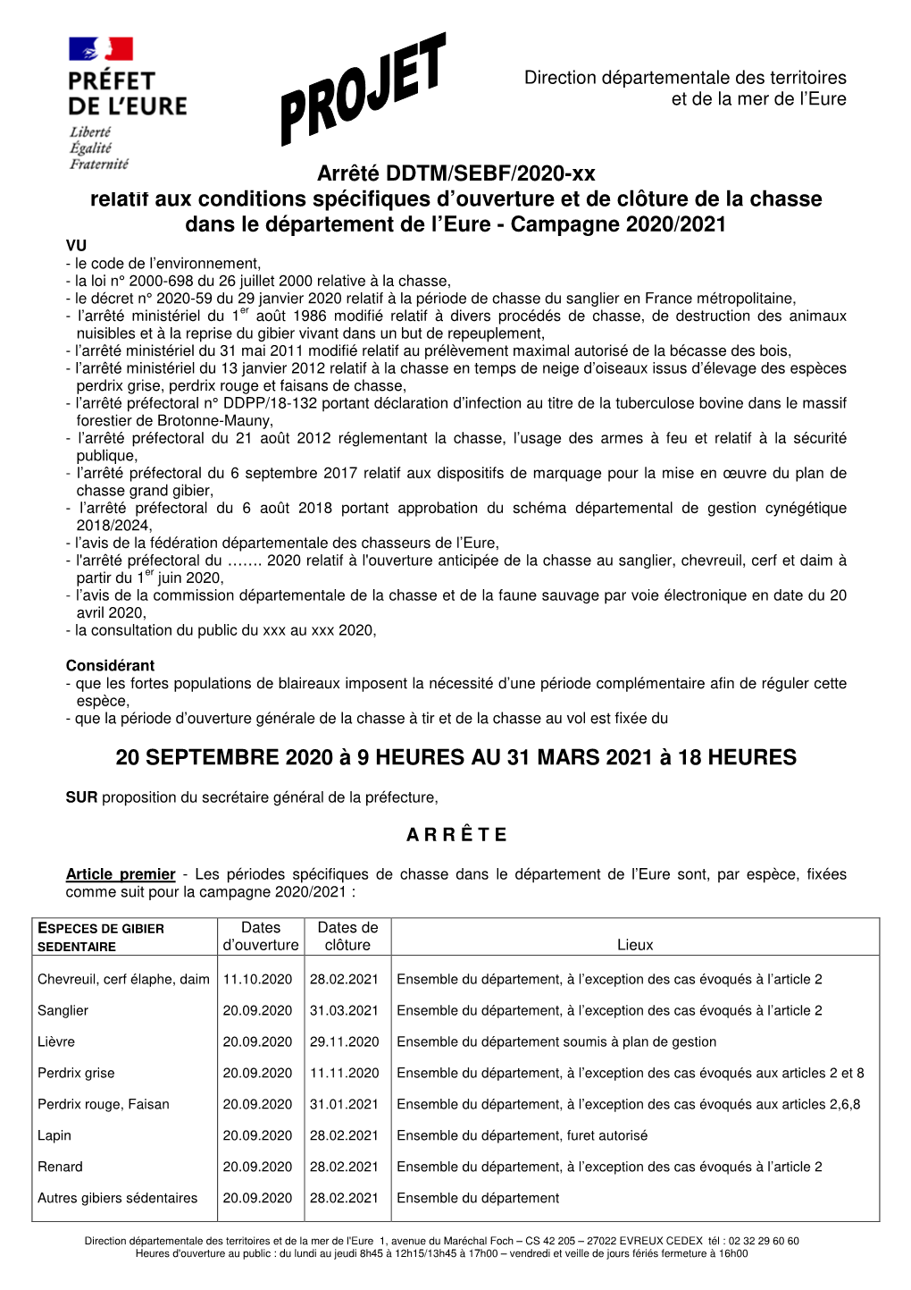 Arrêté Relatif À L'ouverture Et De Cloture De La Chasse