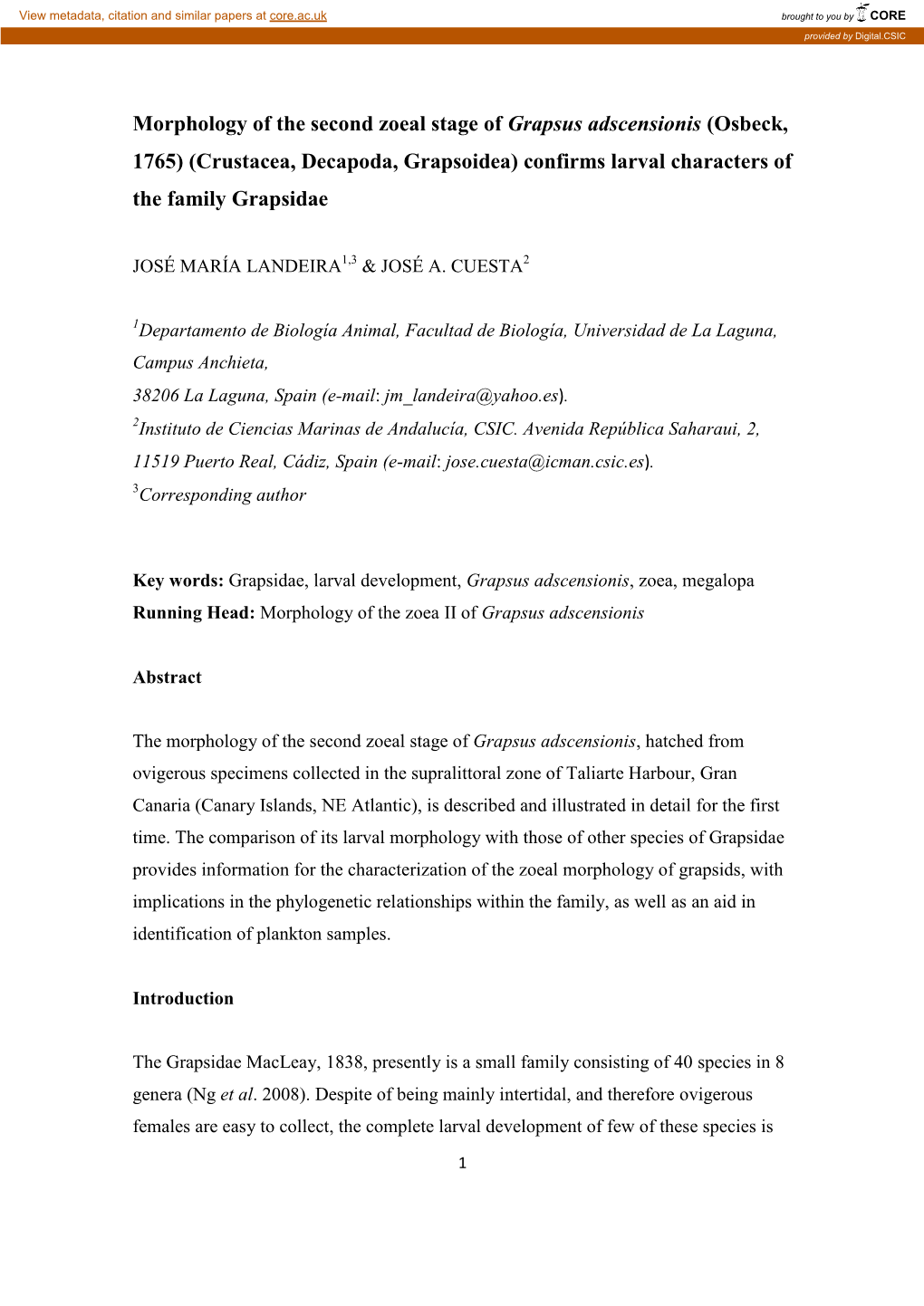 Morphology of the Second Zoeal Stage of Grapsus Adscensionis (Osbeck, 1765) (Crustacea, Decapoda, Grapsoidea) Confirms Larval Characters of the Family Grapsidae