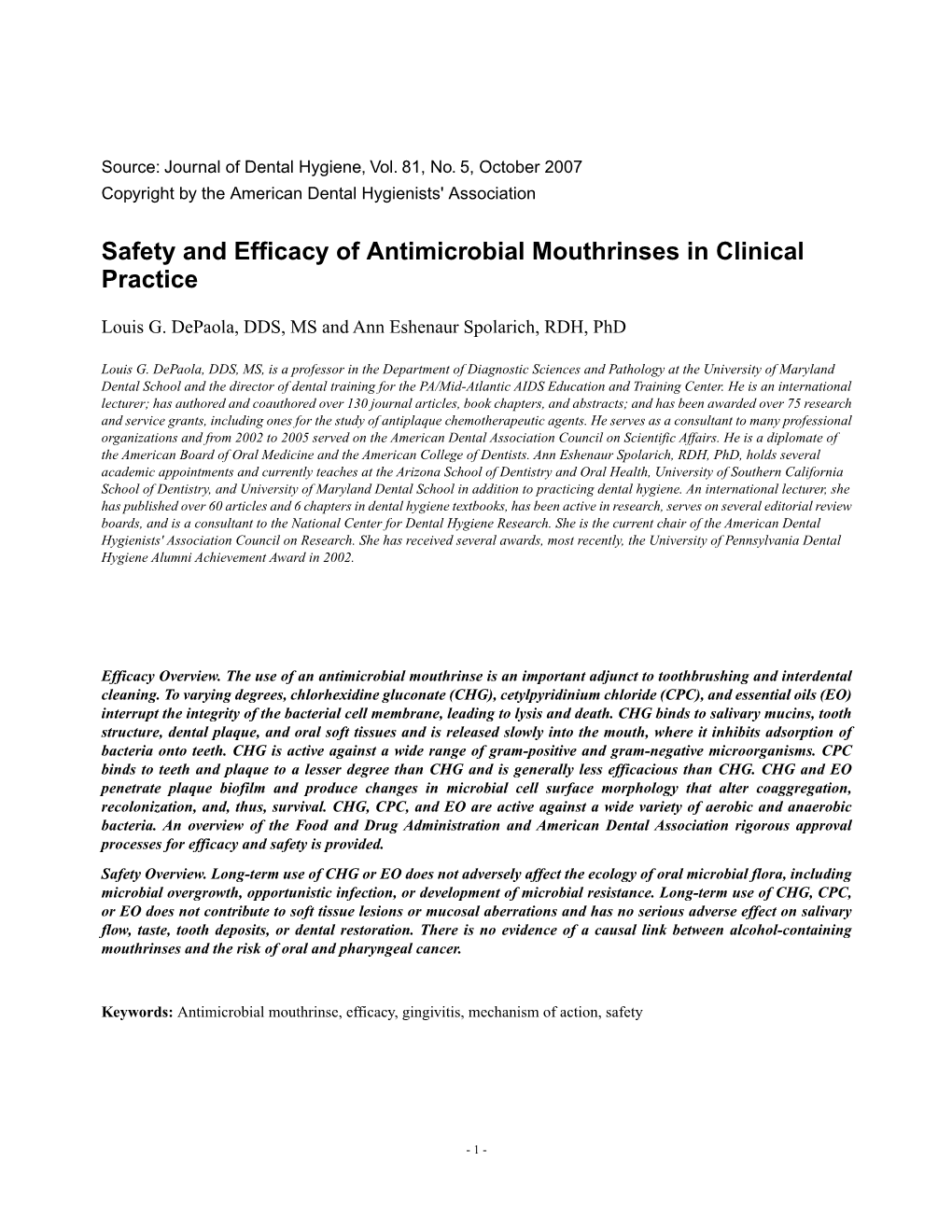 Safety and Efficacy of Antimicrobial Mouthrinses in Clinical Practice