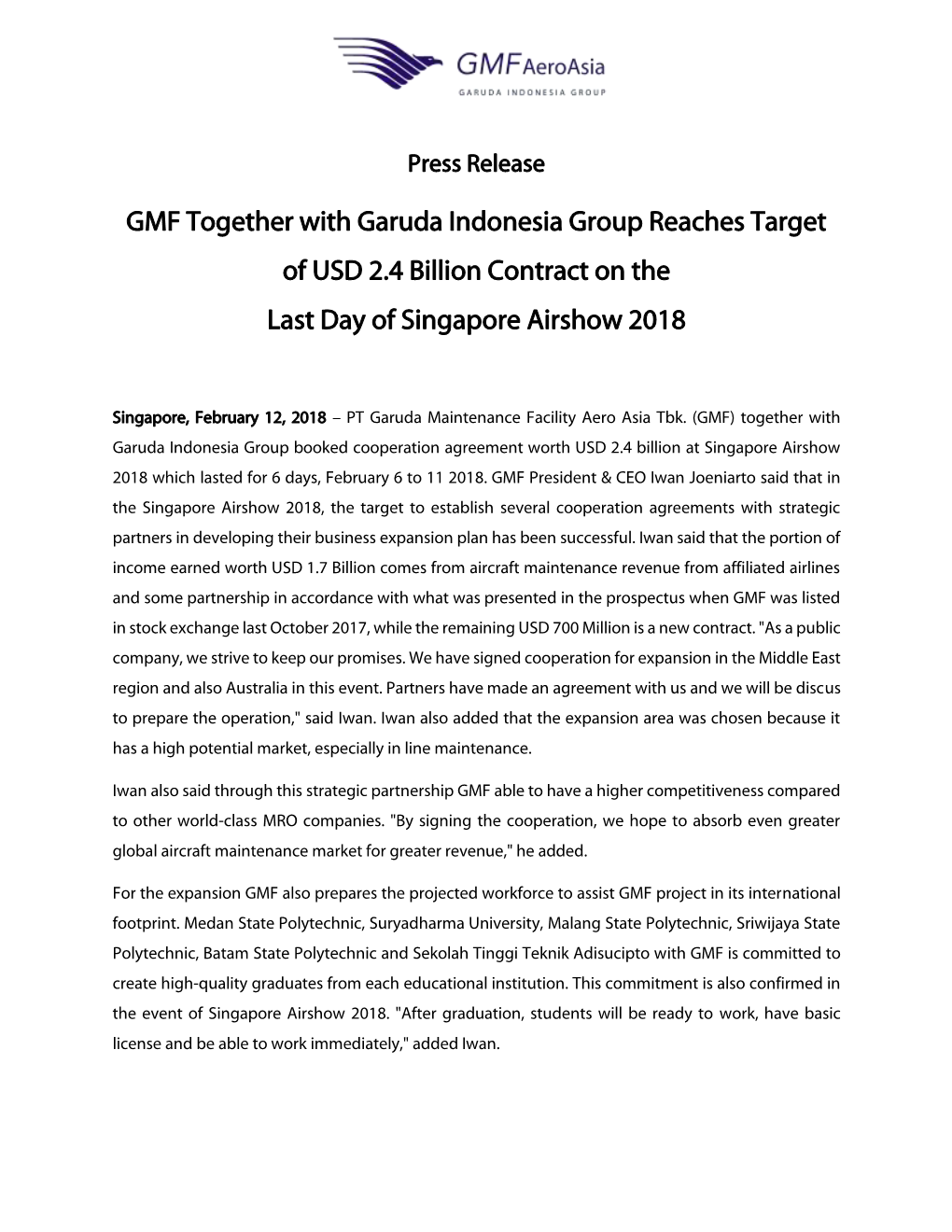 GMF Together with Garuda Indonesia Group Reaches Target of USD 2.4 Billion Contract on the Last Day of Singapore Airshow 2018
