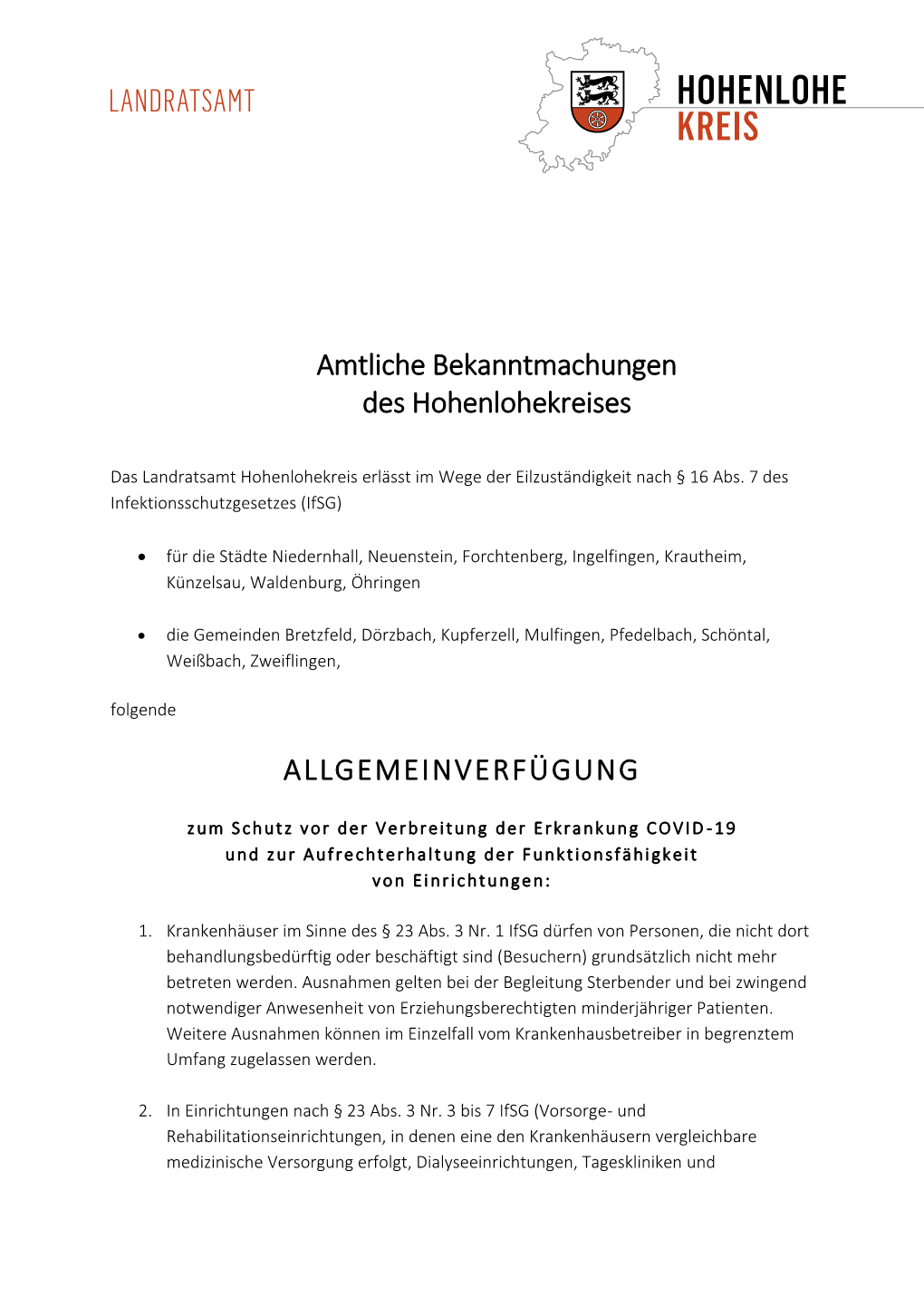 ALLGEMEINVERFÜGUNG Amtliche Bekanntmachungen Des Hohenlohekreises