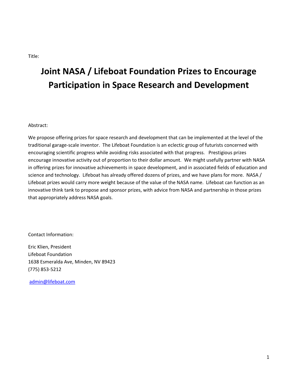 Joint NASA / Lifeboat Foundation Prizes to Encourage Participation in Space Research and Development