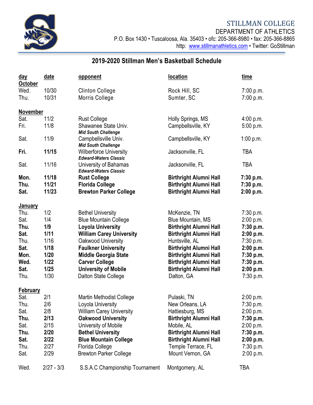 2019-2020 Men's Basketball Schedule