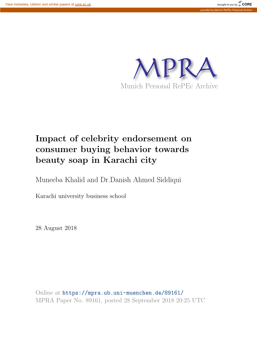 Impact of Celebrity Endorsement on Consumer Buying Behavior Towards Beauty Soap in Karachi City