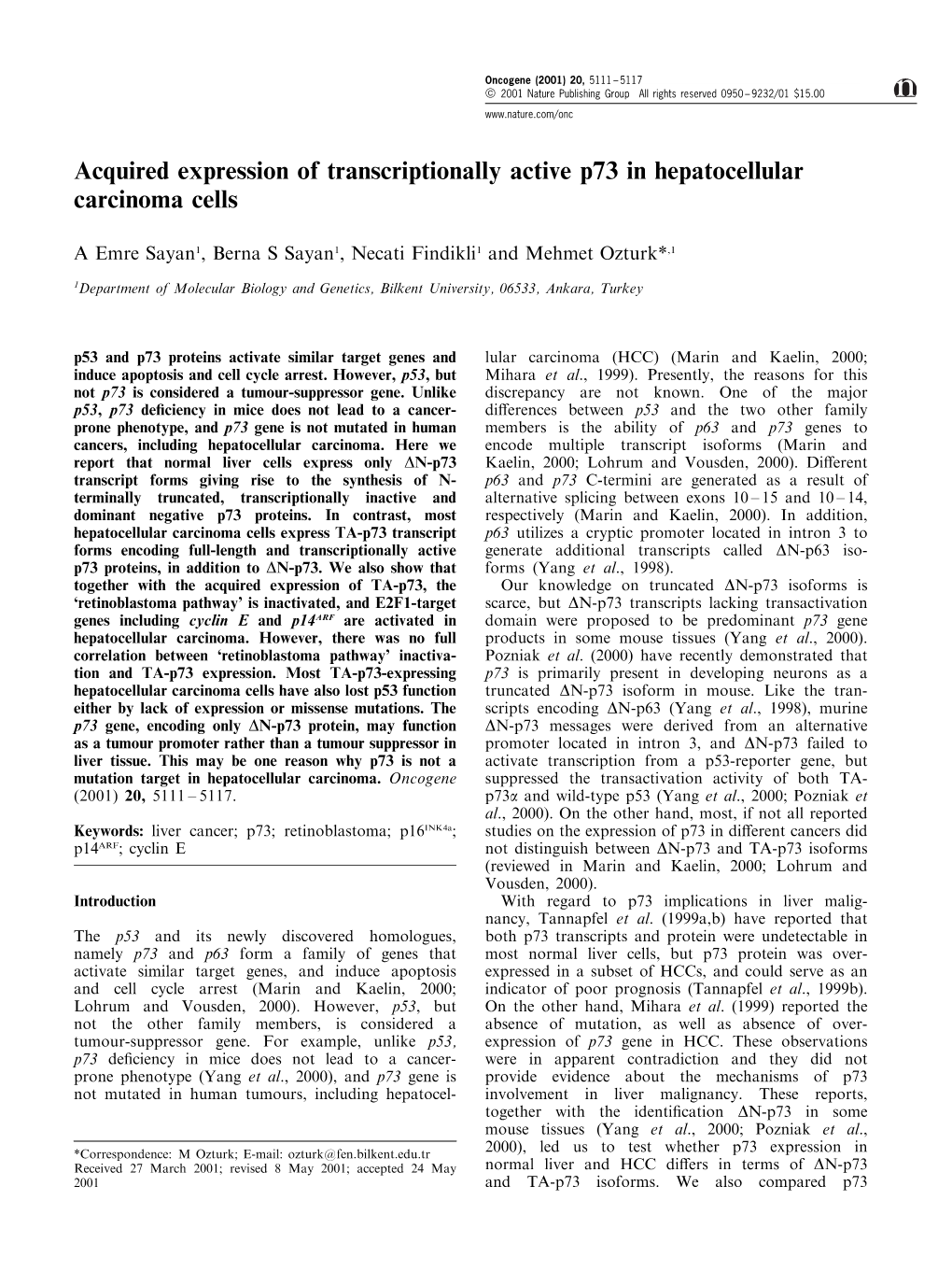 Acquired Expression of Transcriptionally Active P73 in Hepatocellular Carcinoma Cells