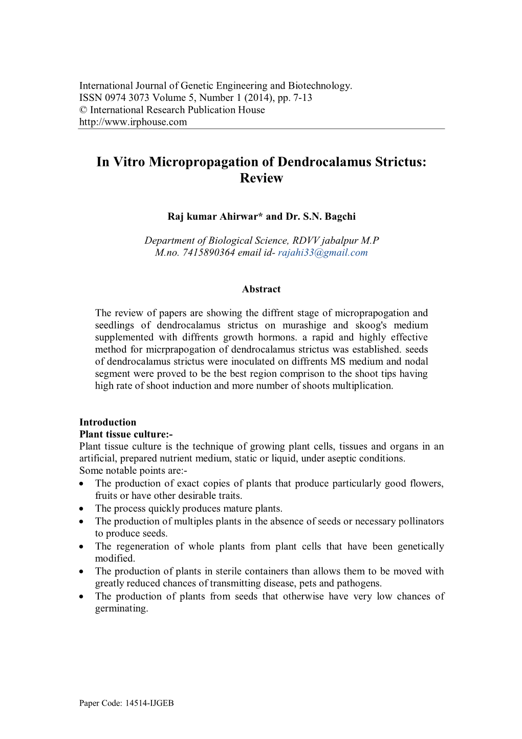 In Vitro Micropropagation of Dendrocalamus Strictus: Review