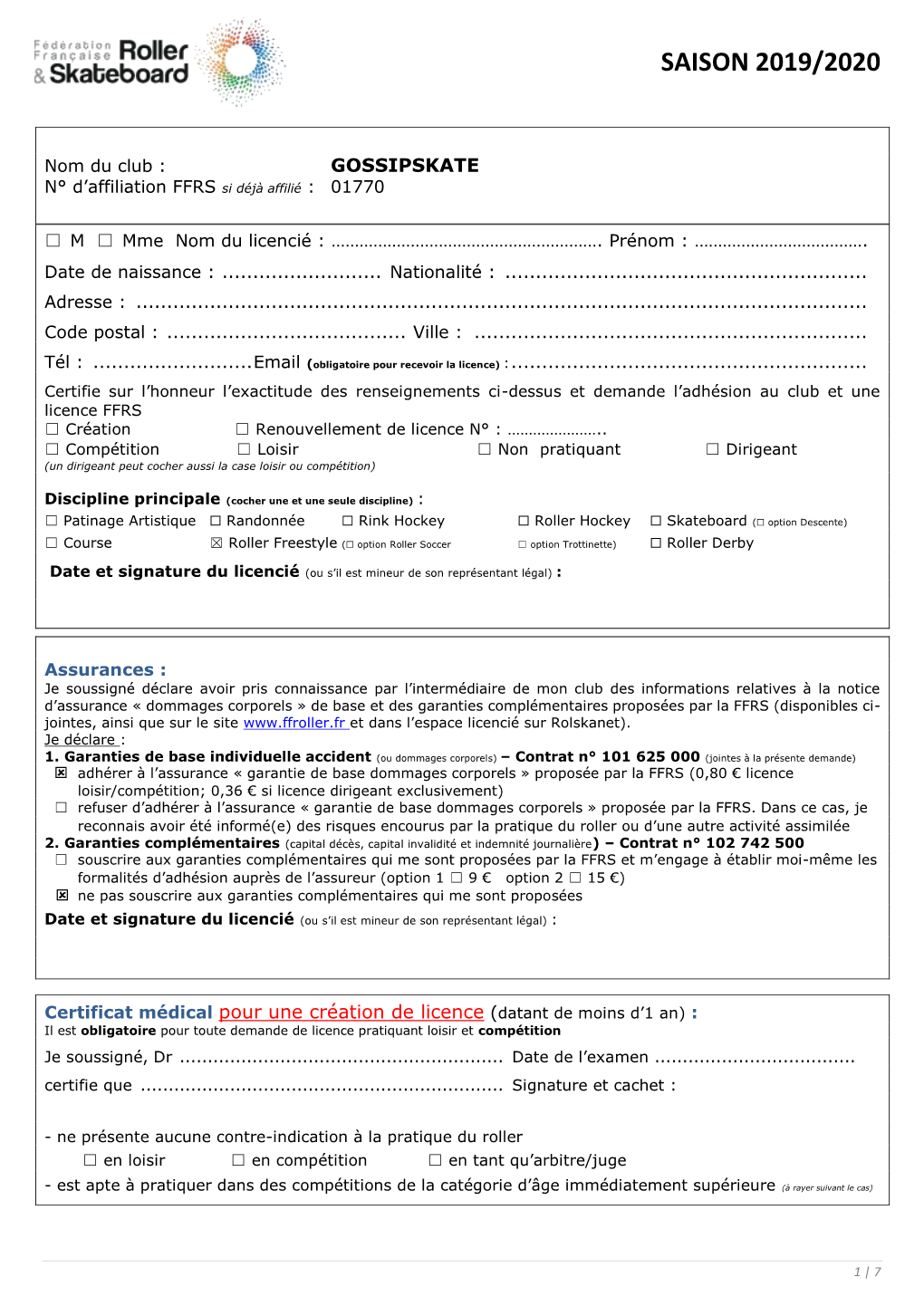 Formulaire De Demande De Licence FFRS 2019-2020