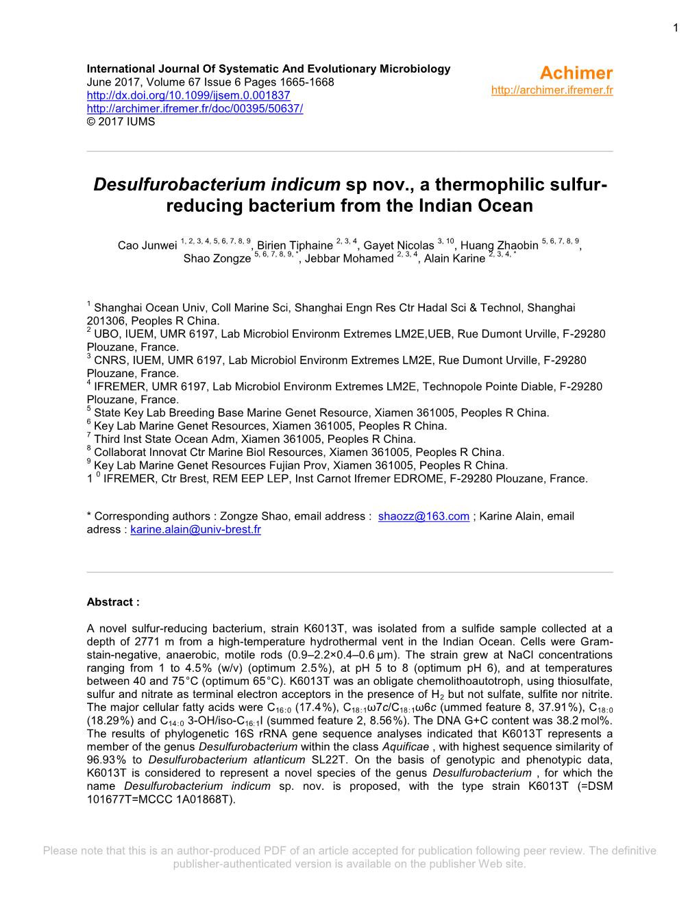 Desulfurobacterium Indicum Sp. Nov., a Thermophilic Sulfur-Reducing