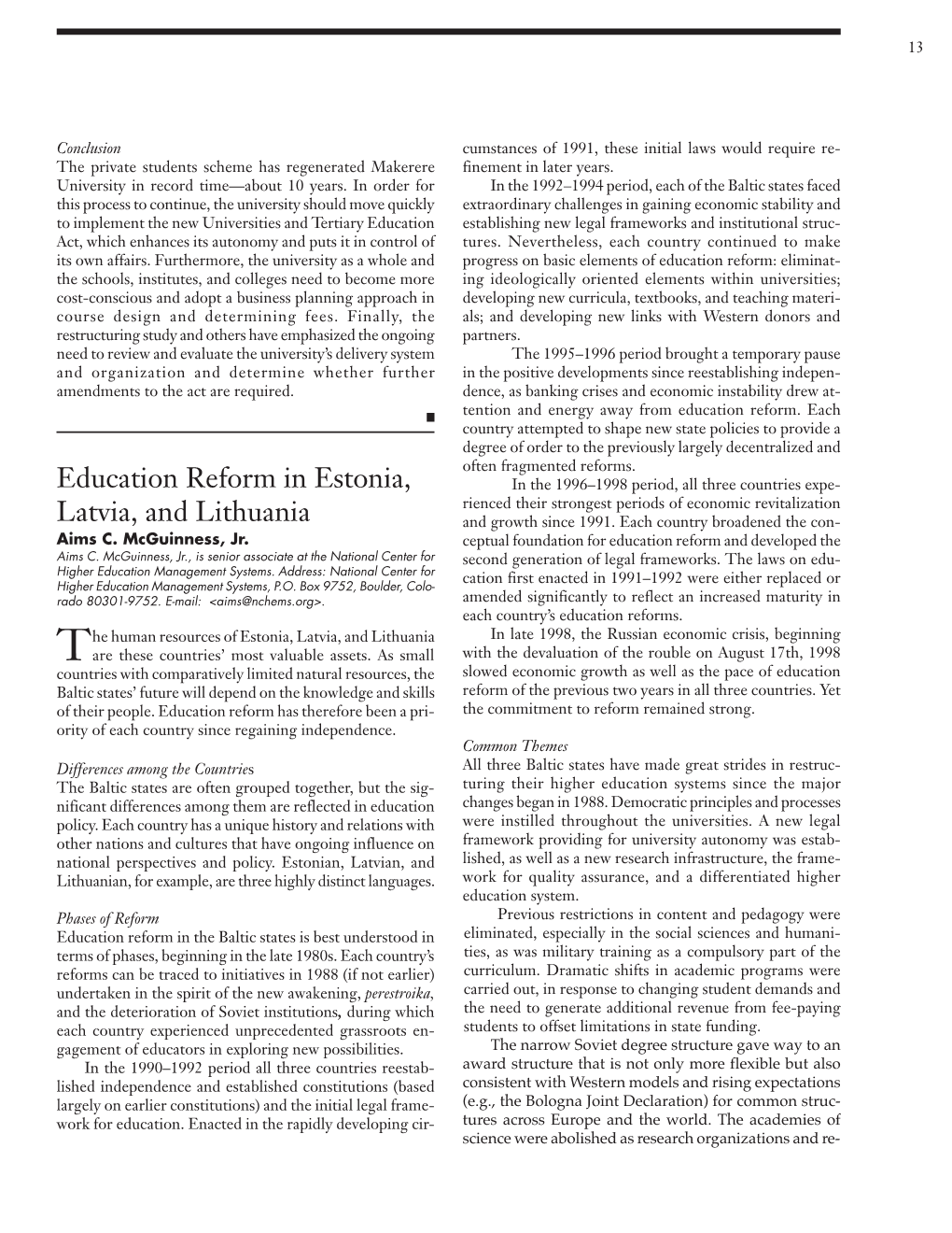 Education Reform in Estonia, Latvia, and Lithuania