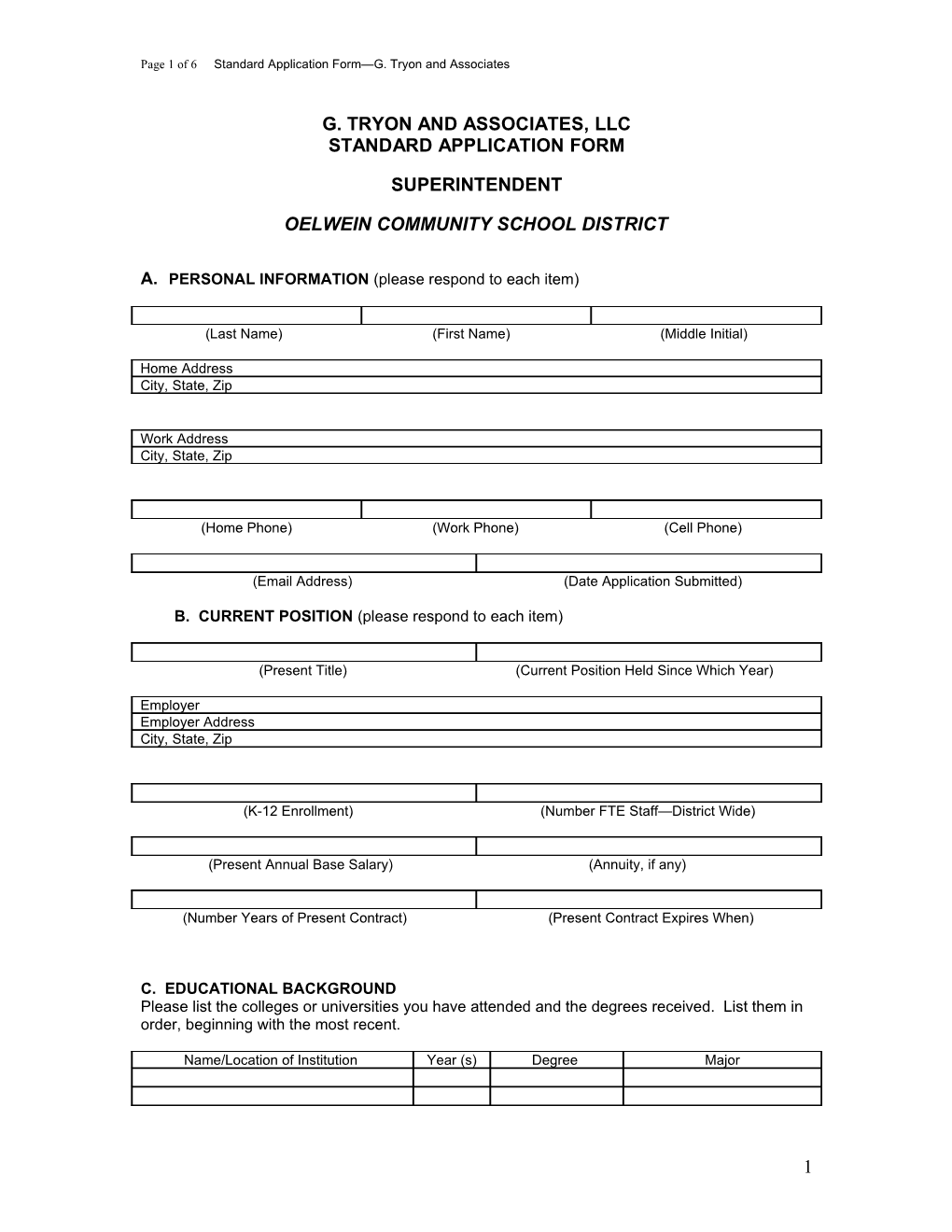 Page 1 of 6 Standard Application Form G. Tryon and Associates