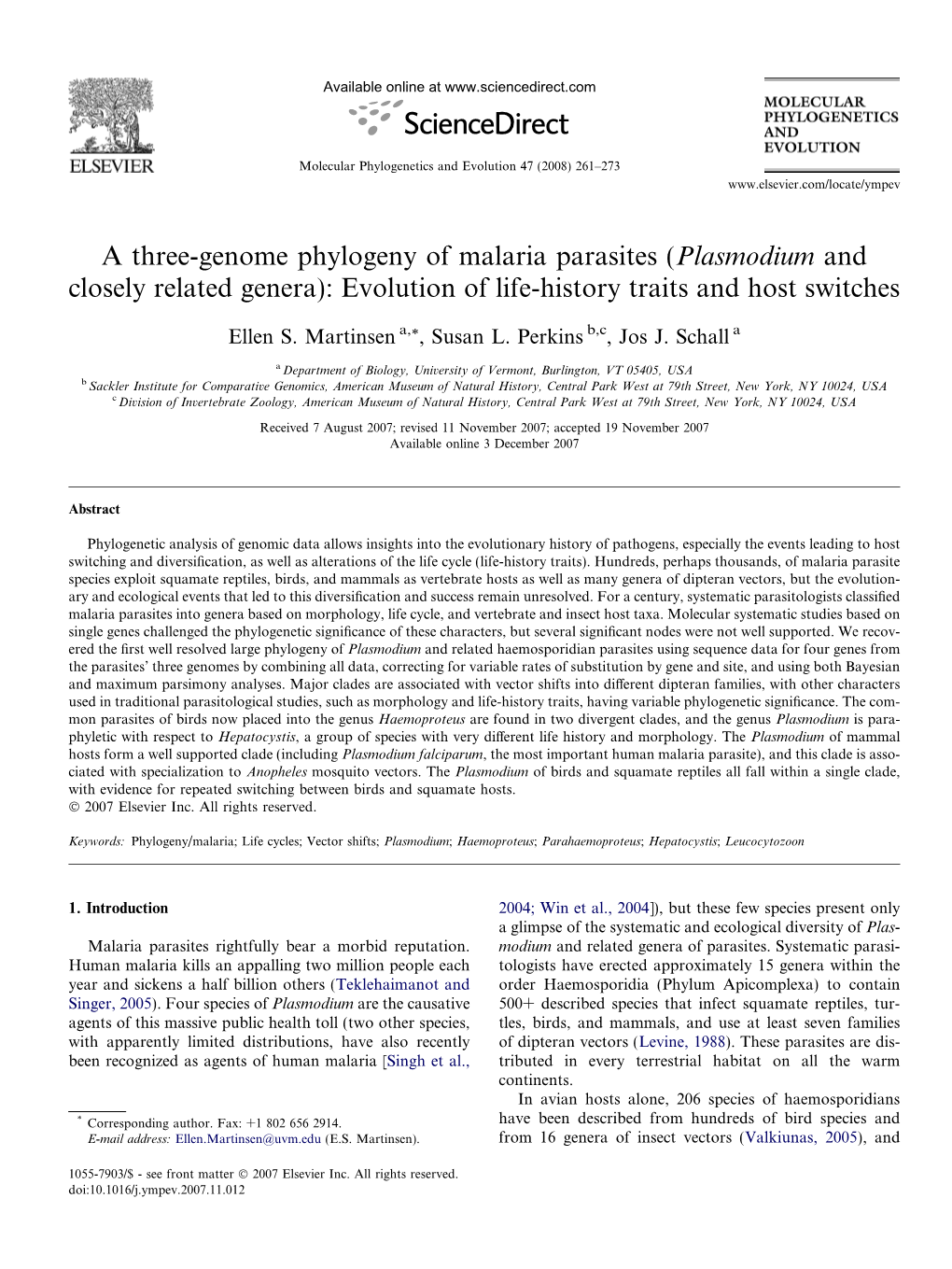 A Three-Genome Phylogeny of Malaria Parasites (Plasmodium and Closely Related Genera): Evolution of Life-History Traits and Host Switches