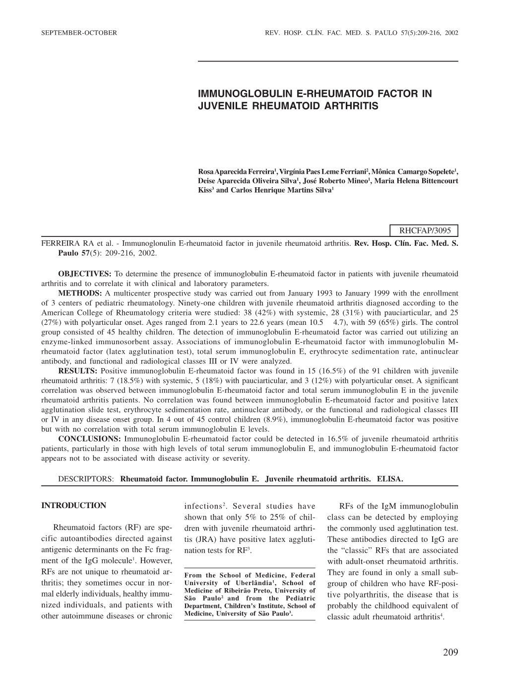 209 Immunoglobulin E-Rheumatoid Factor In