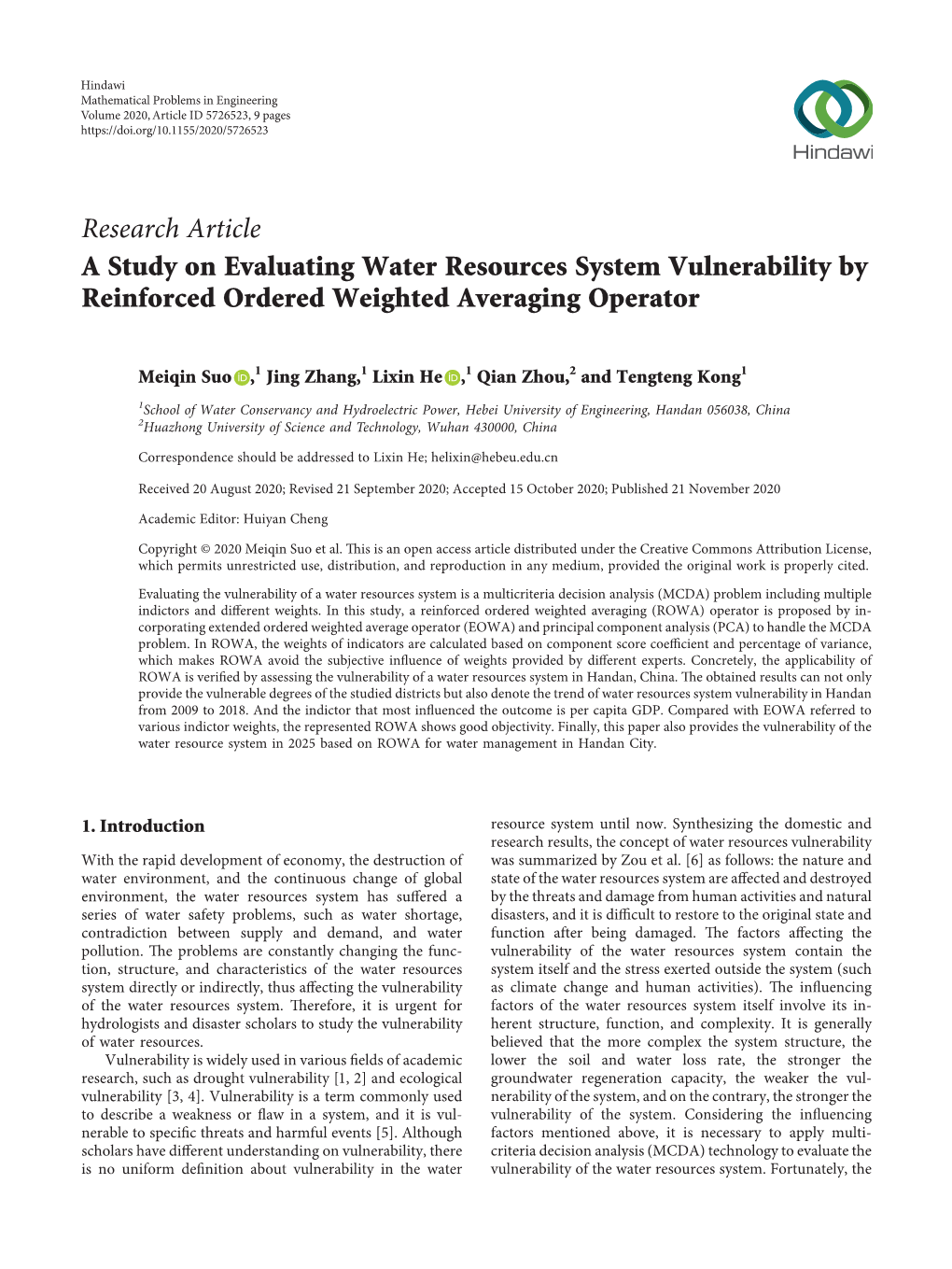 A Study on Evaluating Water Resources System Vulnerability by Reinforced Ordered Weighted Averaging Operator