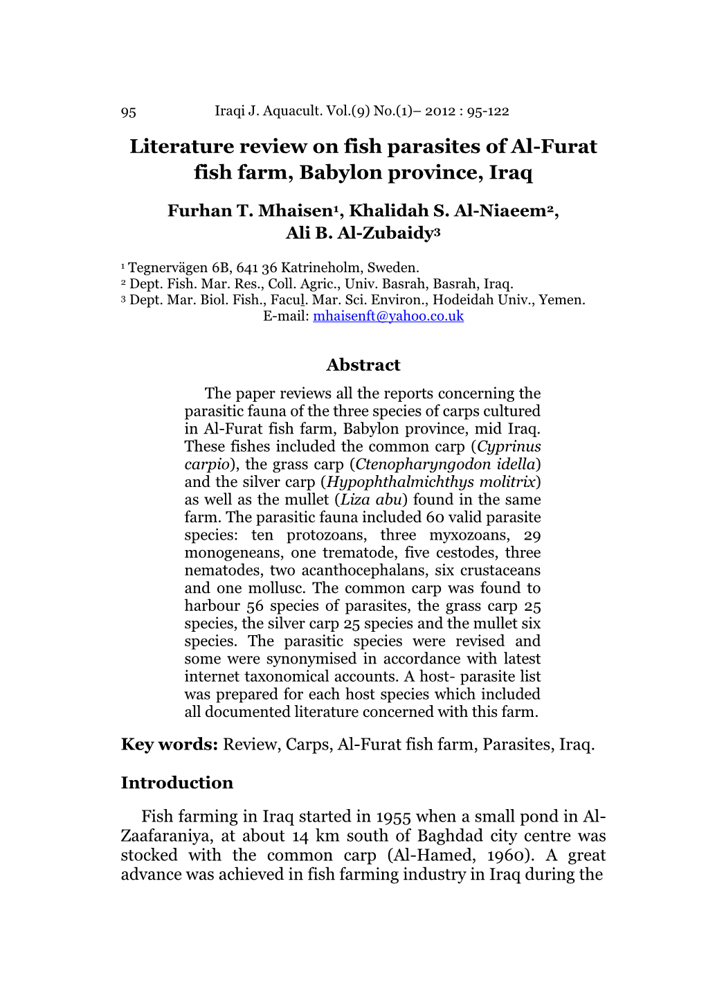 Literature Review on Fish Parasites of Al-Furat Fish Farm, Babylon Province, Iraq