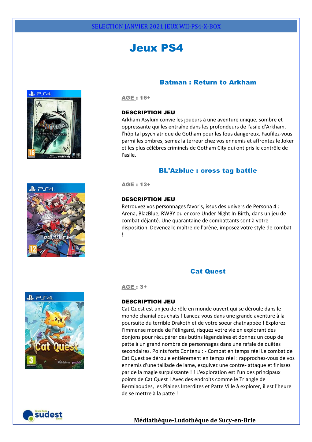 Selection Janvier 2021 Jeux Wii-Ps4-X-Box