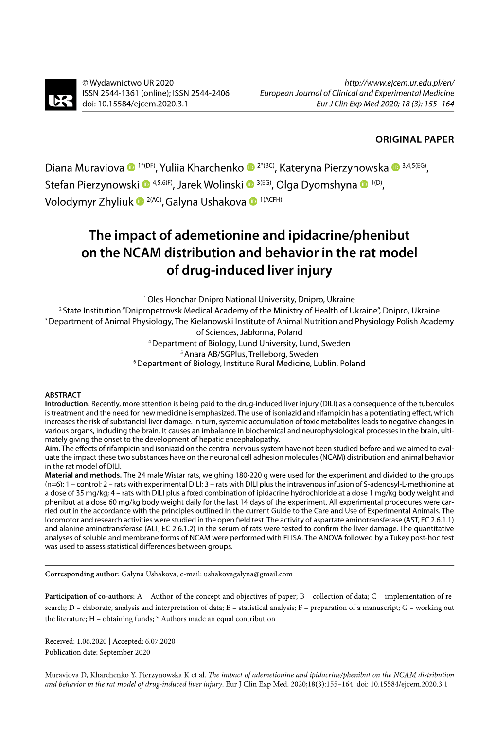 The Impact of Ademetionine and Ipidacrine/Phenibut on the NCAM Distribution and Behavior in the Rat Model of Drug-Induced Liver Injury 155