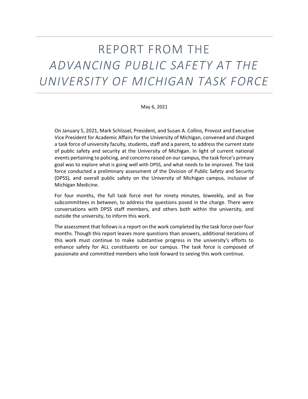 Report from the Advancing Public Safety at the University of Michigan Task Force