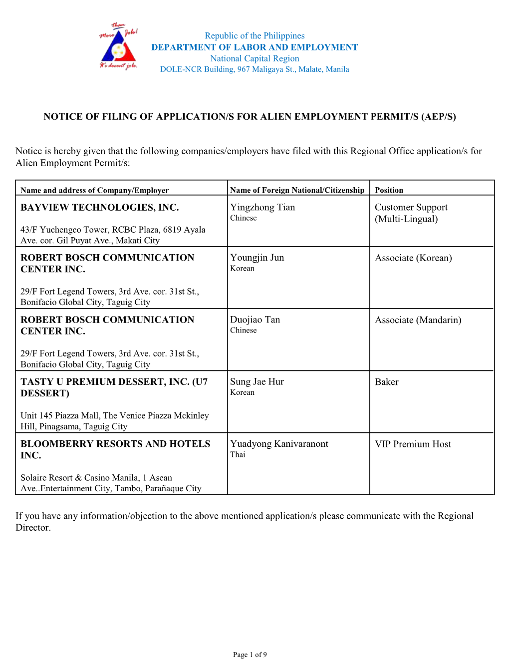 NOTICE of FILING of APPLICATION/S for ALIEN EMPLOYMENT PERMIT/S (AEP/S) Notice Is Hereby Given That the Following Companies/Empl