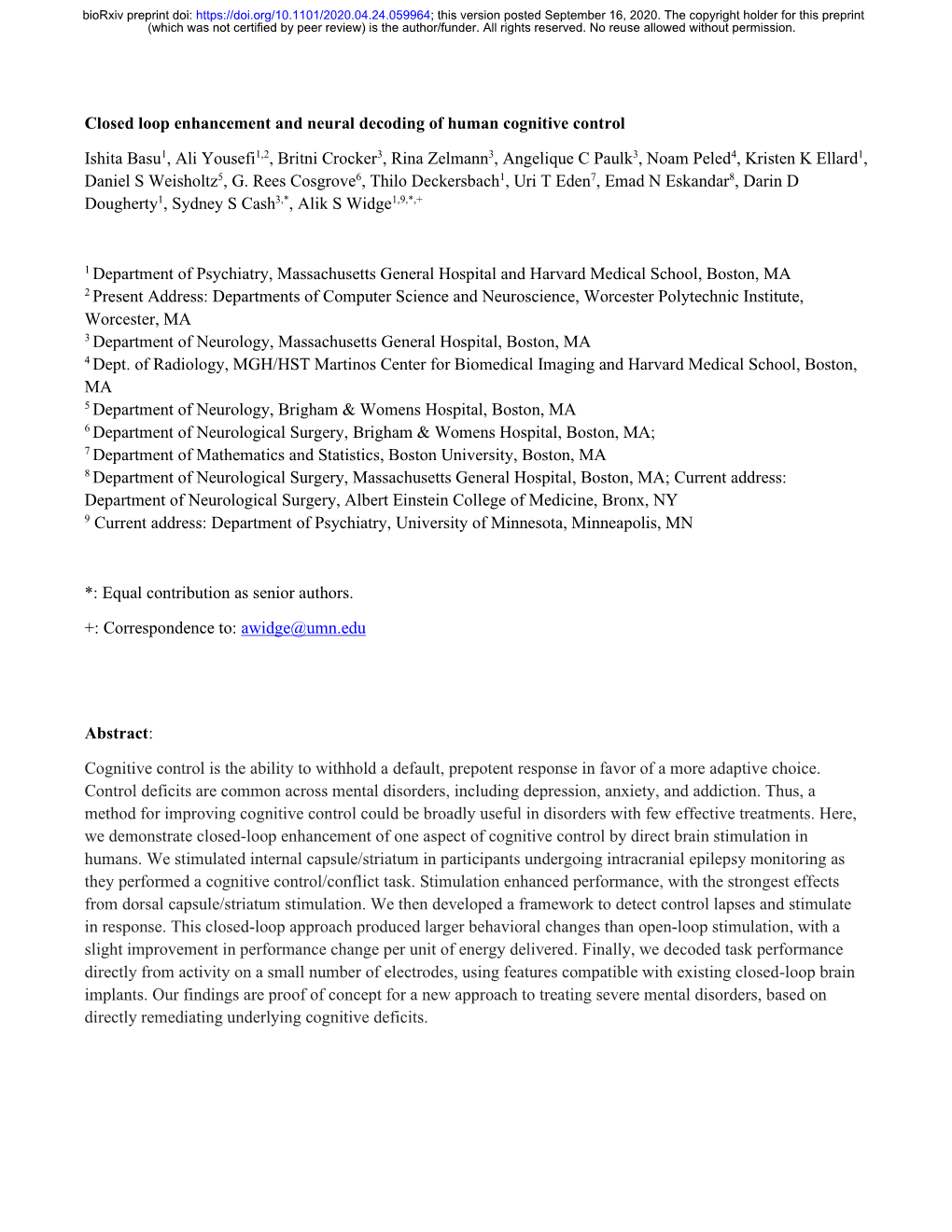 Closed Loop Enhancement and Neural Decoding of Human Cognitive Control