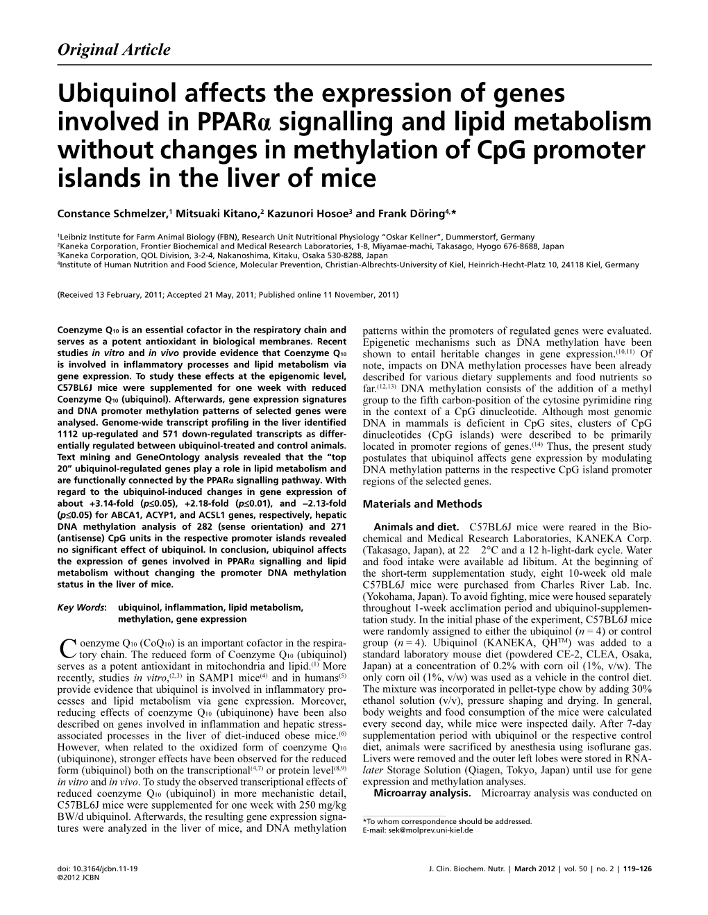 Ubiquinol Affects the Expression of Genes Involved in Pparα Signalling and Lipid Metabolism Without Changes in Methylation of C