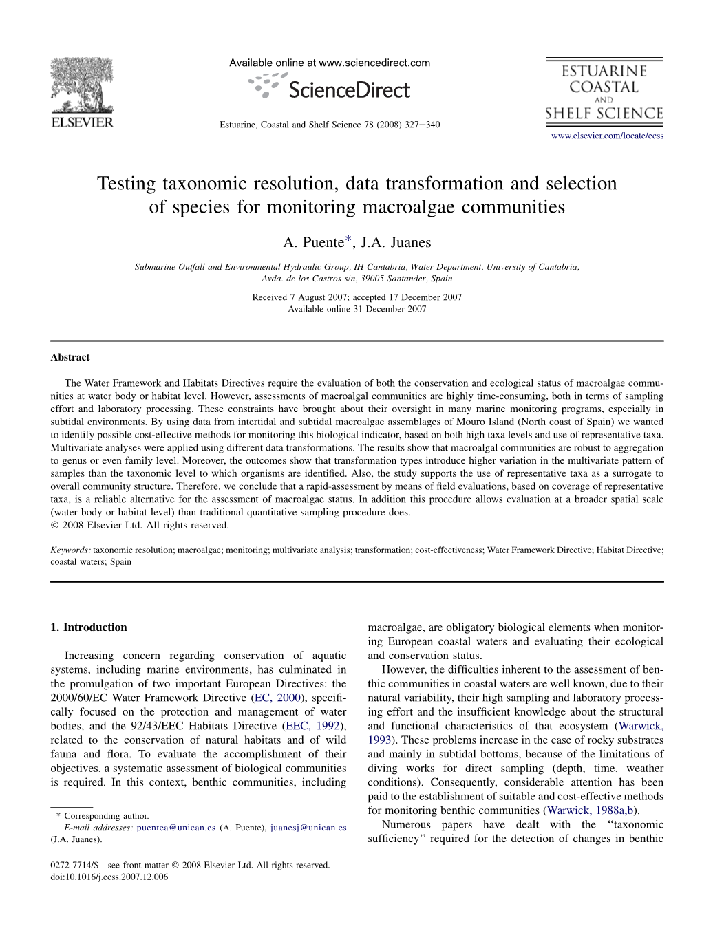 Testing Taxonomic Resolution, Data Transformation and Selection of Species for Monitoring Macroalgae Communities