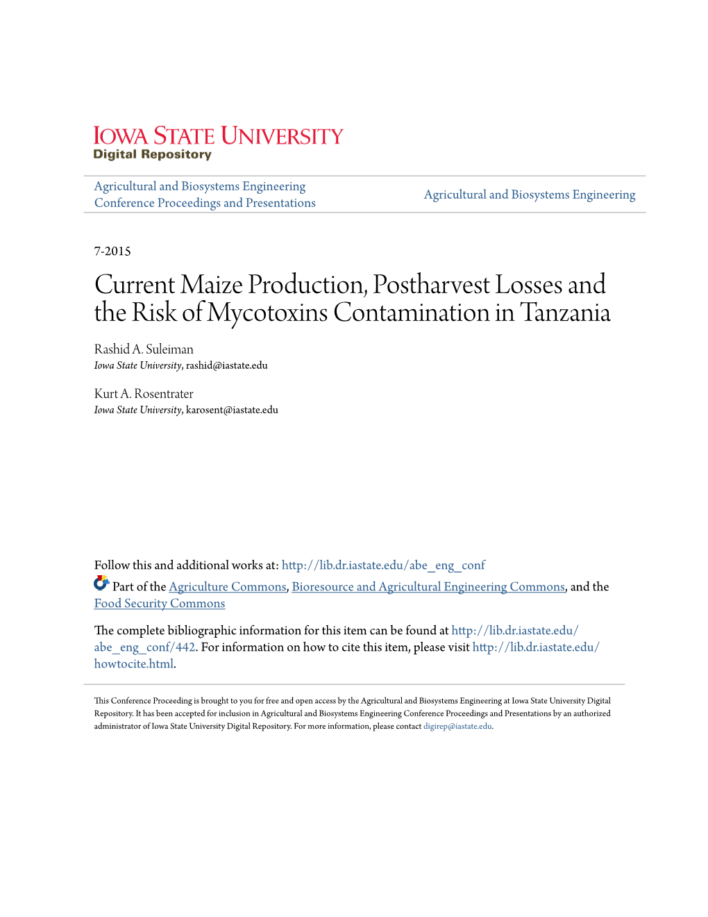 Current Maize Production, Postharvest Losses and the Risk of Mycotoxins Contamination in Tanzania Rashid A