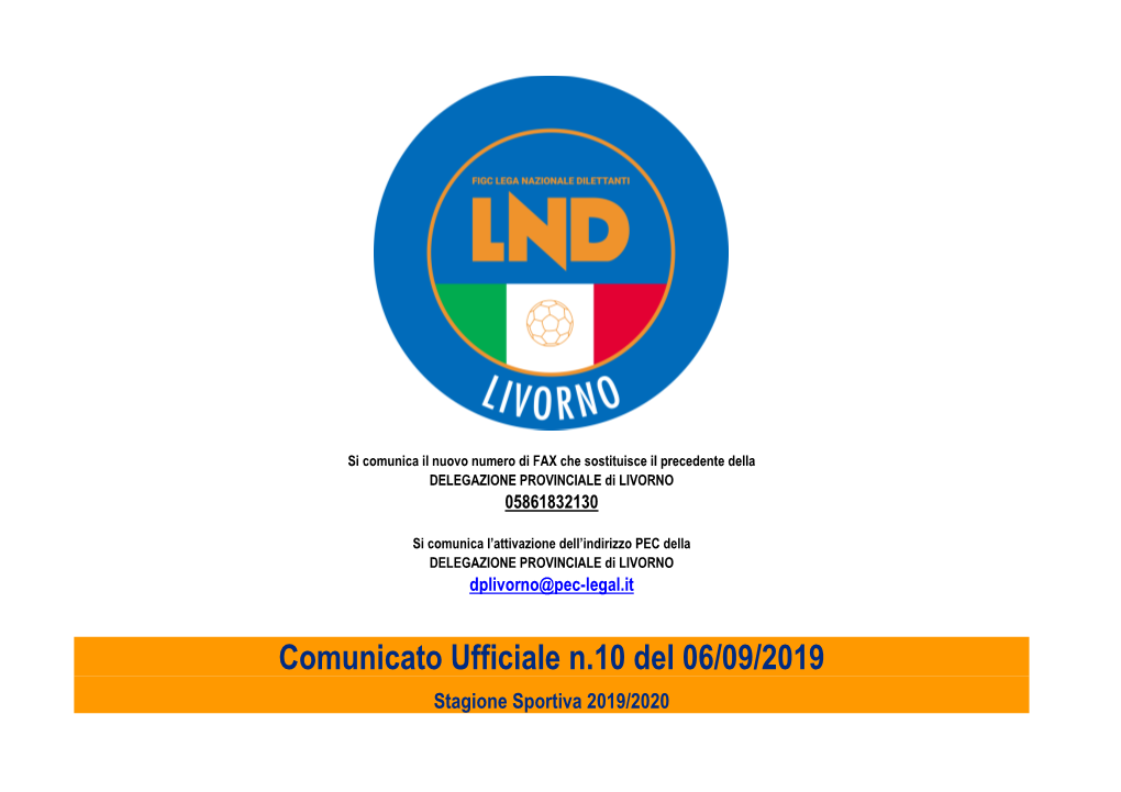 Comunicato Ufficiale N.10 Del 06/09/2019