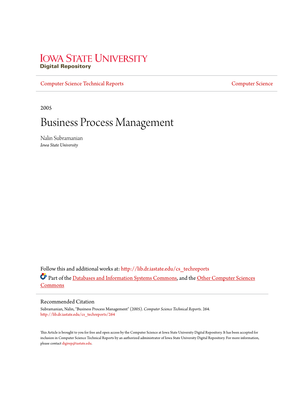 Business Process Management Nalin Subramanian Iowa State University