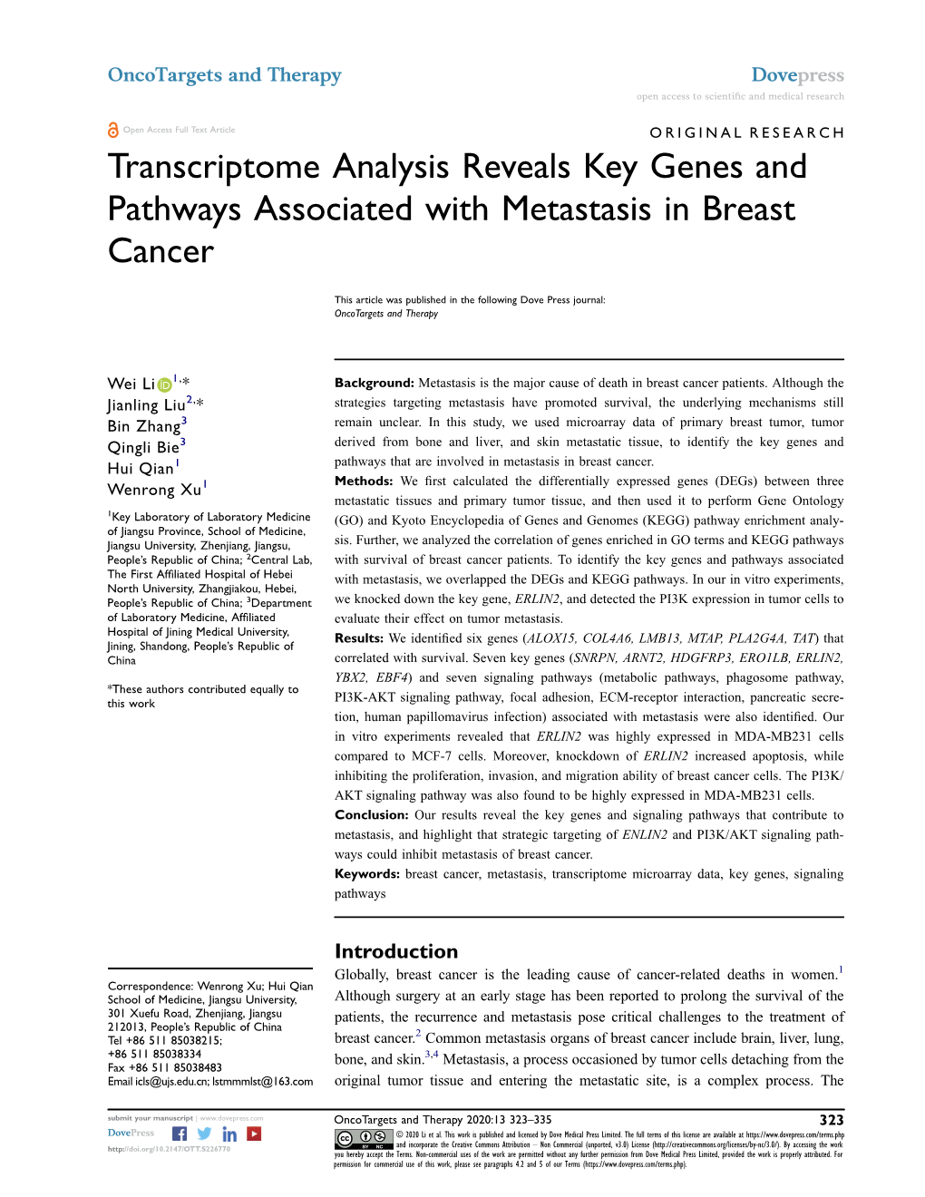 Transcriptome Analysis Reveals Key Genes and Pathways Associated with Metastasis in Breast Cancer