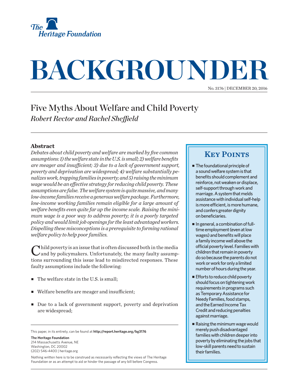 Five Myths About Welfare and Child Poverty Robert Rector and Rachel Sheffield