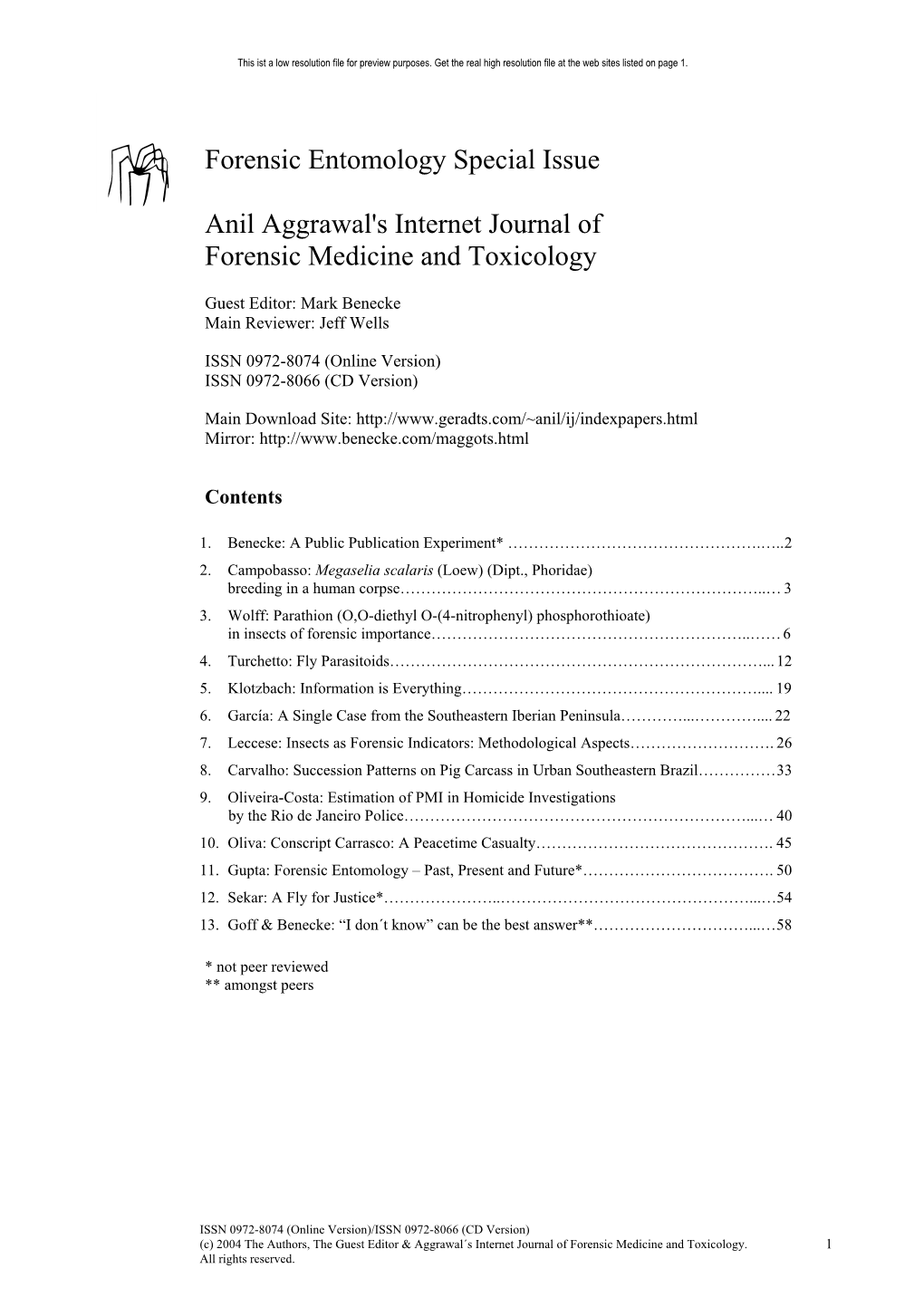 Forensic Entomology Special Issue Anil Aggrawal's Internet Journal Of