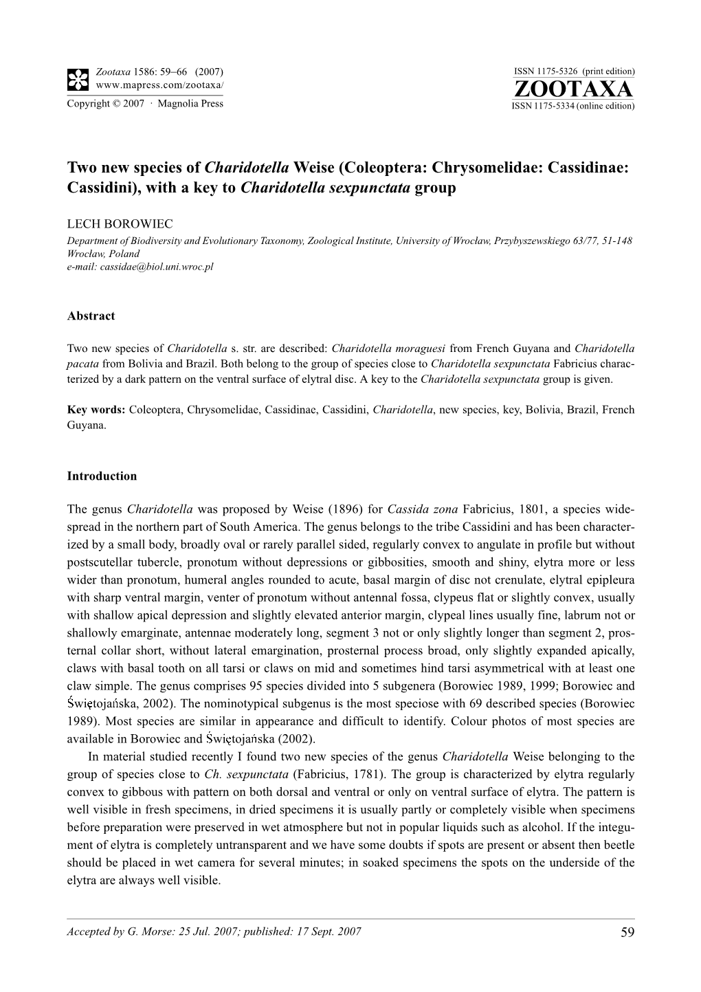 Zootaxa,Two New Species of Charidotella Weise (Coleoptera